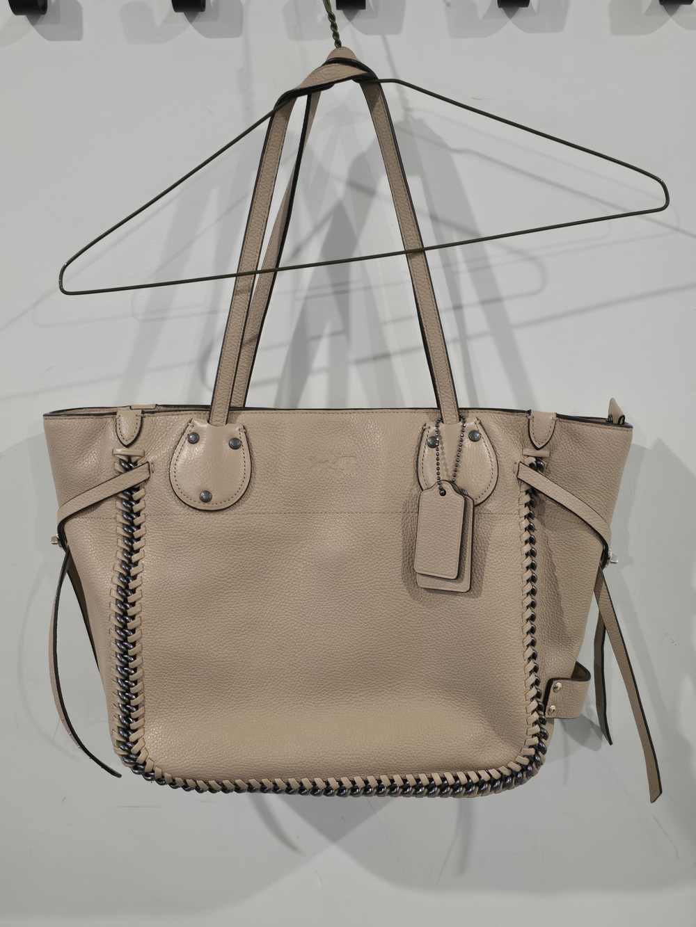 Coach Tatum Leather Whiplash Tote Handbag Antique Nickle Nude
